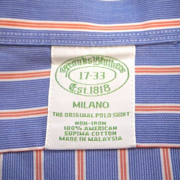Brooks Brothers Milano Original Polo Shirt Mens Sz 17-33 Blue Striped Non Iron - Picture 2 of 10